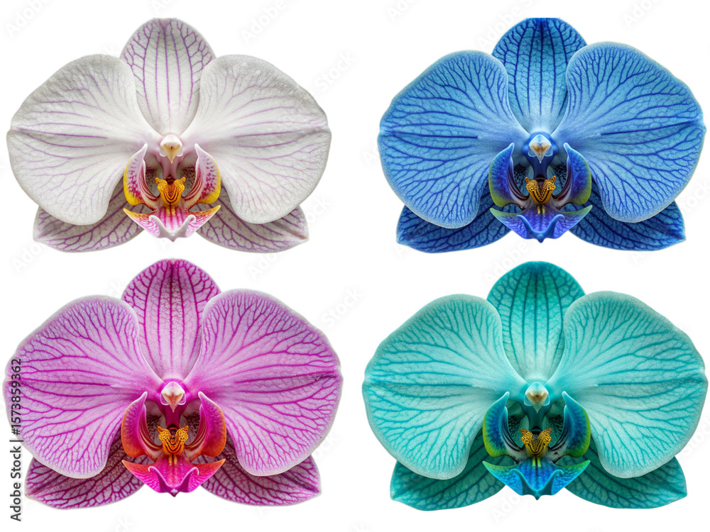 Obraz premium Four colorful orchid flowers white blue pink and turquoise isolated on transparent background