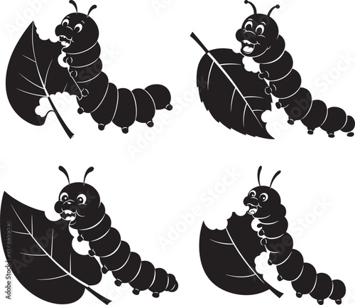 Funny Caterpillar Eating Leaf Cartoon Character silhouette