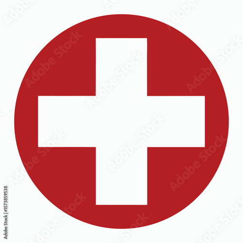 Red circle with white cross, Medical aid, First responder, Emergency symbol for healthcare and Safety use