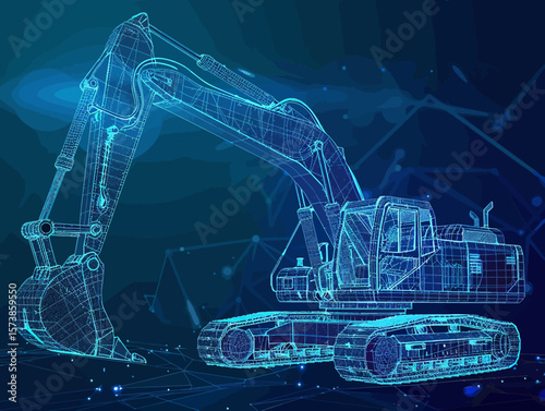 Excavator wire-frame grid futuristic design concept vector illustration