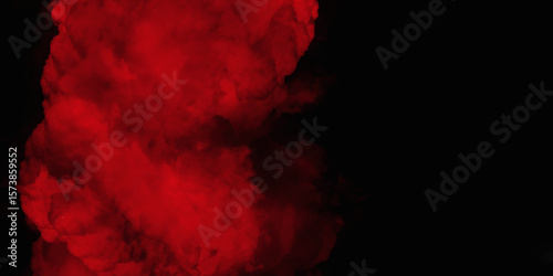 Red color powder explosion isolated on black background. Colorful dust explode. Paint Holi, dust particles splash. Network concept with spray. Futuristic technology element. 3D rendering.
