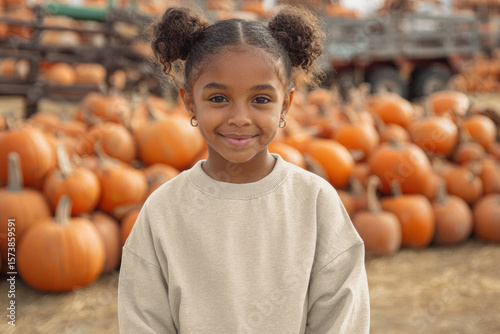 mock up of little girl in pig tails she is wearing an oversized beige sweatshirt, the background is pumpkin patch