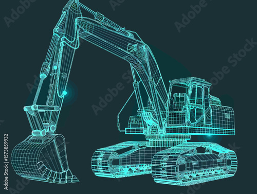 Excavator wire-frame grid futuristic design concept vector illustration