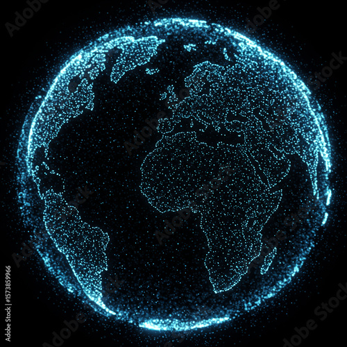 Glowing abstract sphere of Earth with digital network connection. Global technology concept showing futuristic world map made of tiny dots. Futuristic and sophisticated feeling