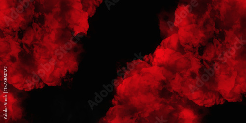 Red color powder explosion isolated on black background. Colorful dust explode. Paint Holi, dust particles splash. Network concept with spray. Futuristic technology element. 3D rendering.