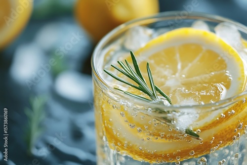 Refreshing Lemonade Spritzer CloseUp of Lemon Slice, Ice, and Rosemary Garnish in a Glass
