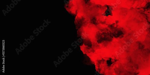 Red color powder explosion isolated on black background. Colorful dust explode. Paint Holi, dust particles splash. Network concept with spray. Futuristic technology element. 3D rendering.