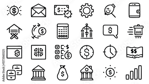 Minimalist financial icons dollar currency symbols coins money transactions finance