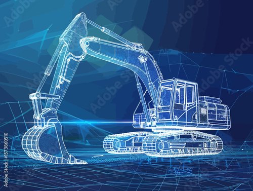 Excavator wire-frame grid futuristic design concept vector illustration