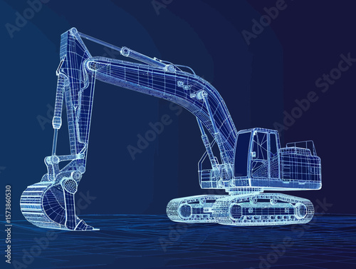 Excavator wire-frame grid futuristic design concept vector illustration