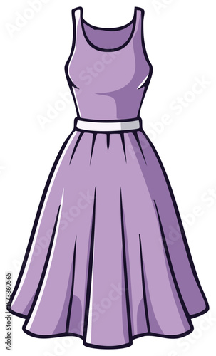 Cartoon illustration of an elegant purple dress with white belt and black outline