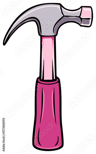 Illustration of a pink and gray hammer with a dark outline for construction or DIY projects