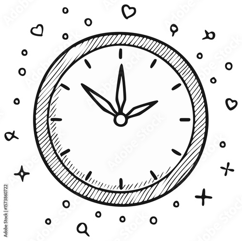 Hand drawn wall clock illustration with hour, minute, and second hands ticking on surrounded by bubbles, hearts, stars