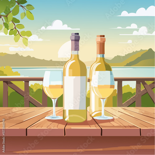 Bottle of chilled white wine and two glasses placed on wooden table