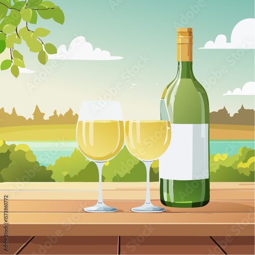 Bottle of chilled white wine and two glasses placed on wooden table