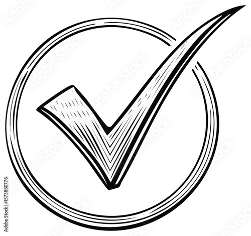 Hand-drawn check mark inside a circle. Accept symbol. Approval sign