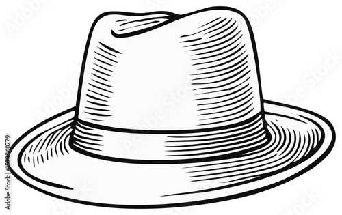 Vintage Style Fedora Hat Illustration, Black and White Engraving Drawing, Retro Fashion Accessory