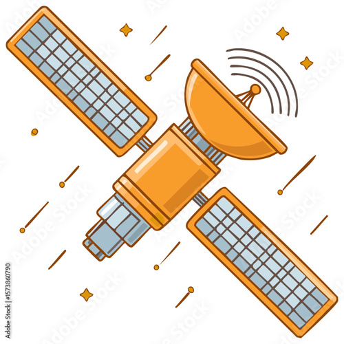 Illustration of Orange Satellite With Solar Panels and Antenna Surrounded by Shooting Stars