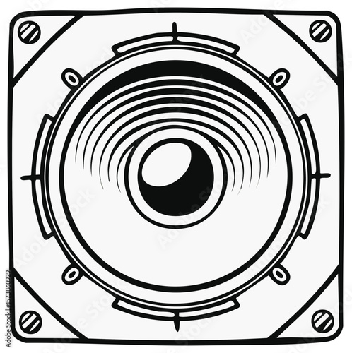 Bold Line Art Illustration of a Square Speaker with Concentric Circles for Sound Design