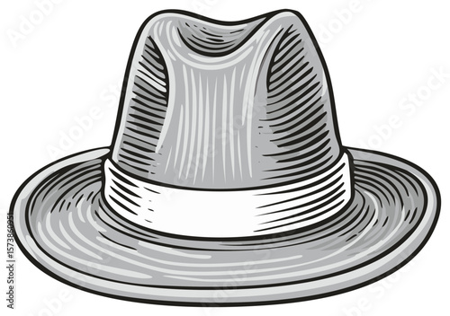 Classic gray fedora hat illustration with white band evokes vintage fashion styles and traditional attire, perfect for adding a touch of retro elegance