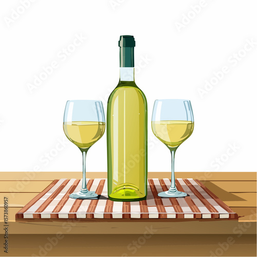 Bottle of chilled white wine and two glasses placed on wooden table