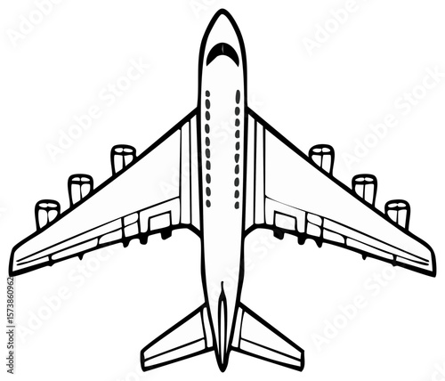 Vector illustration of a plane, black and white design, airplane with multiple jet engines on each wing, viewed from directly above.