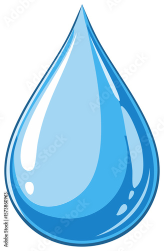 Illustrative blue water drop with glossy highlight; cartoon single droplet for natural resource concept