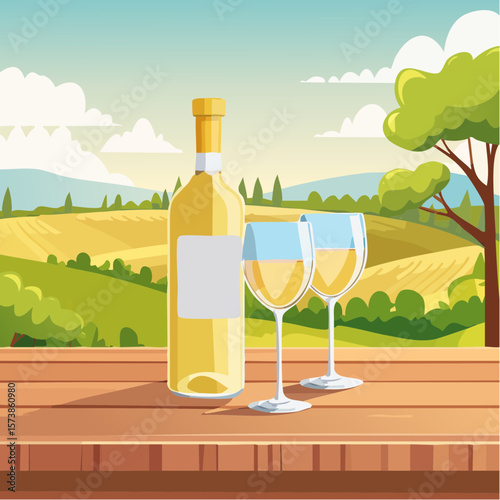 Bottle of chilled white wine and two glasses placed on wooden table
