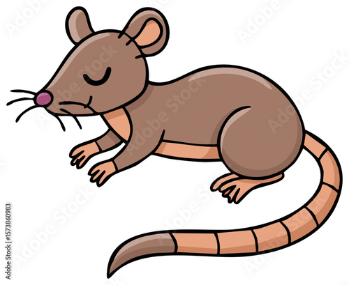 Cartoon Illustration of a Sleeping Brown Mouse with a Pink Nose and Striped Tail