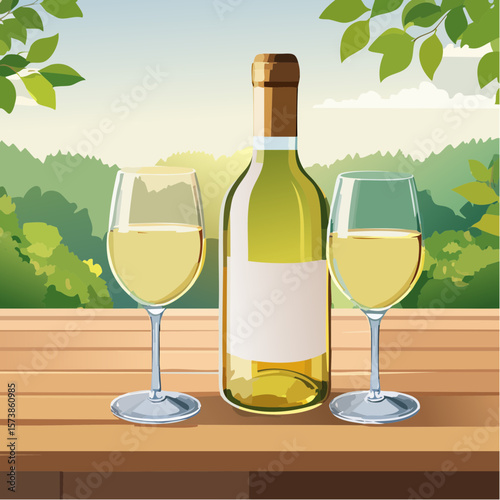 Bottle of chilled white wine and two glasses placed on wooden table