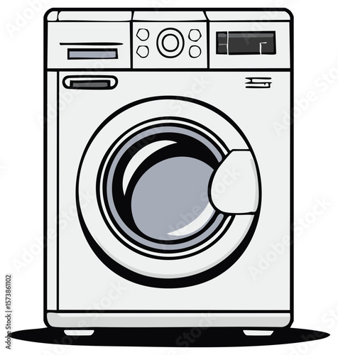 Front-loading washing machine icon, household appliance illustration with shadow, laundry equipment for home care