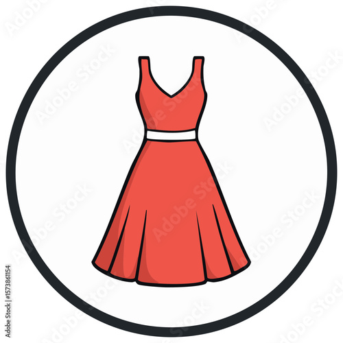 Coral summer dress icon in a circular frame. Simple and elegant fashion wear for woman, isolated illustration for apparel designs and boutiques.