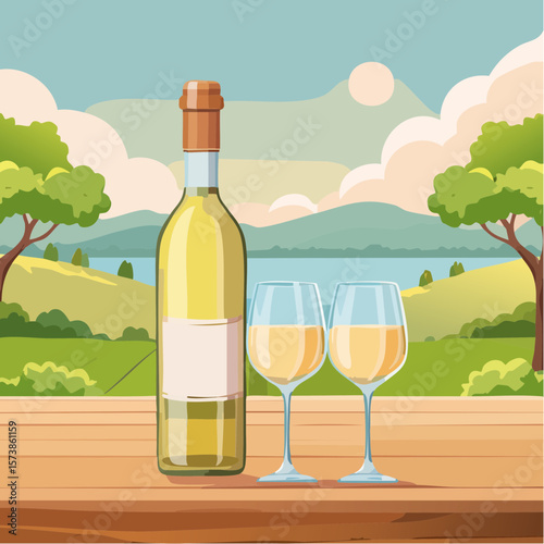 Bottle of chilled white wine and two glasses placed on wooden table