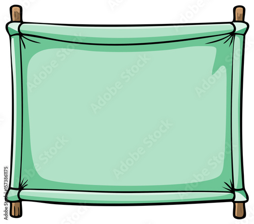 Cartoon illustration of a hanging mint green cloth banner or sign with wooden supports, blank space for text or artwork