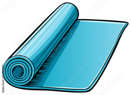 Illustration of a Partially Rolled Up Turquoise Yoga Mat for Fitness and Exercise