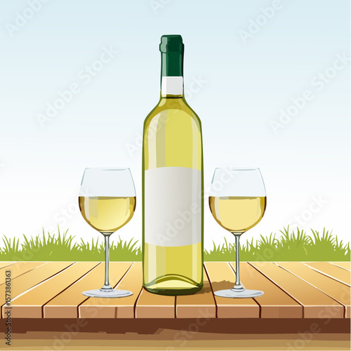 Bottle of chilled white wine and two glasses placed on wooden table