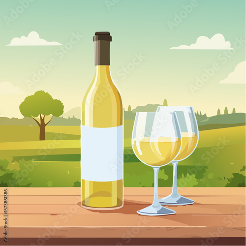 Bottle of chilled white wine and two glasses placed on wooden table