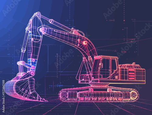 Excavator wire-frame grid futuristic design concept vector illustration
