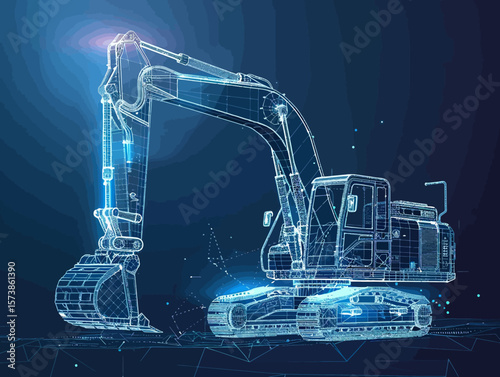 Excavator wire-frame grid futuristic design concept vector illustration