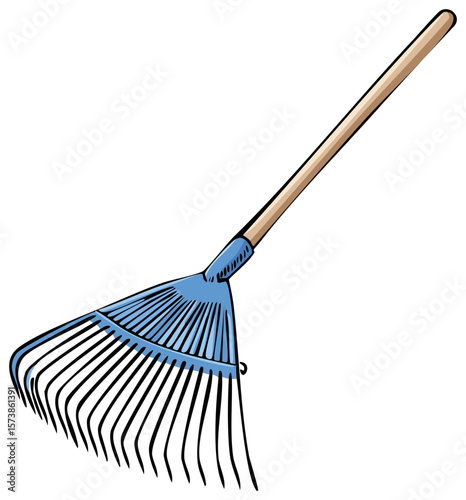 Illustration of a light blue leaf rake with a long brown wooden handle for gardening clean up