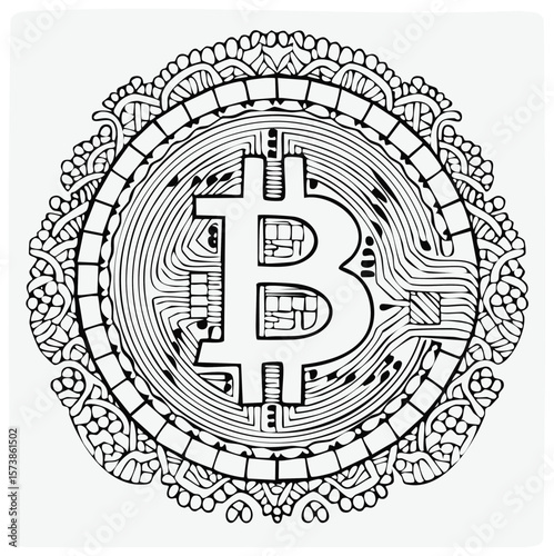 Bitcoin Mandala Design Black and White Digital Cryptocurrency Art