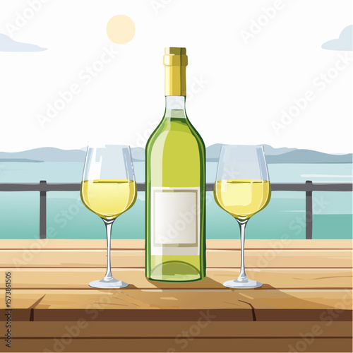 Bottle of chilled white wine and two glasses placed on wooden table