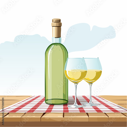 Bottle of chilled white wine and two glasses placed on wooden table