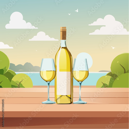 Bottle of chilled white wine and two glasses placed on wooden table