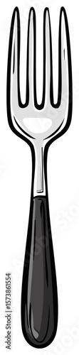 Silver Fork Illustration with Black Handle Utensil Kitchenware Culinary Food Eating Dining, Black Bordered Drawing Cutlery