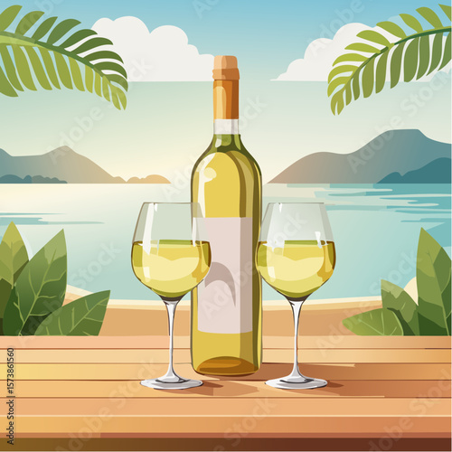Bottle of chilled white wine and two glasses placed on wooden table