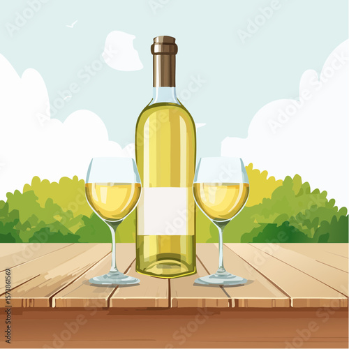 Bottle of chilled white wine and two glasses placed on wooden table