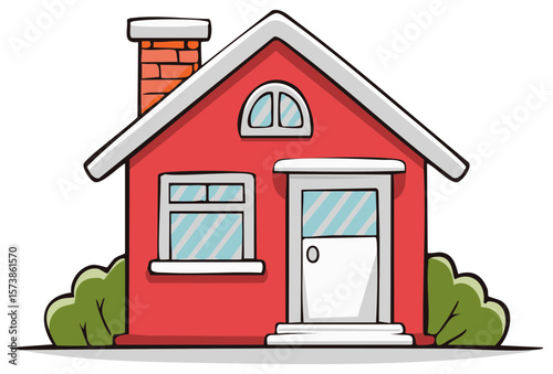 Charming Red Cartoon House with Brick Chimney and Green Bushes on a White Background