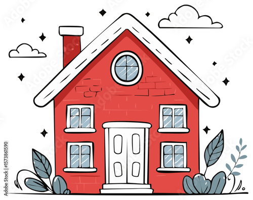 Illustration of Red Brick House with White Trim, Door, and Windows, Surrounded by Plants and Sparkling Stars