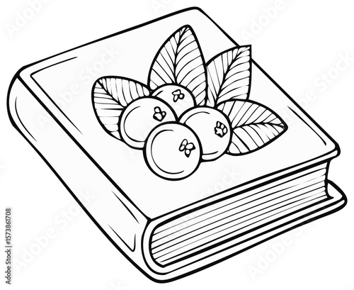 Line Art: Book with Blueberry Decoration, Educational Resource, Coloring Page, Study Aid, Berry Illustration